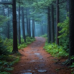 Obraz premium Pine Forest Pathway Walking Through a Serene Green Wonderland