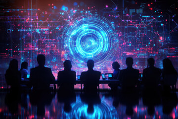 Business Team Analyzing Futuristic Digital Interface in a Corporate Meeting
