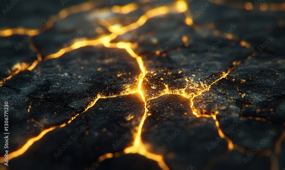 Aufkleber macro view of cracked dark stone with thin glowing golden lines forming intricate patterns, illumina
