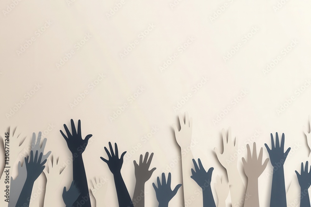 Poster Silhouettes of people raising hands in unity against a minimalist backdrop in soft gradients Generative AI