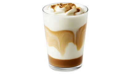 Glass of iced coffee with swirls of milk, condensation on the glass, refreshing summer vibe, high-resolution, white background