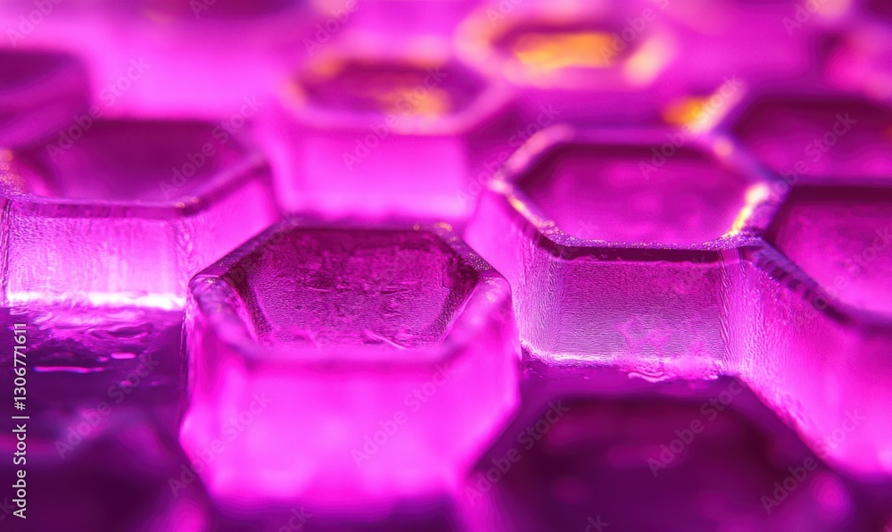 Poster macro view of glowing honeycomb-like textures illuminated by vibrant pink light creating a bold and 