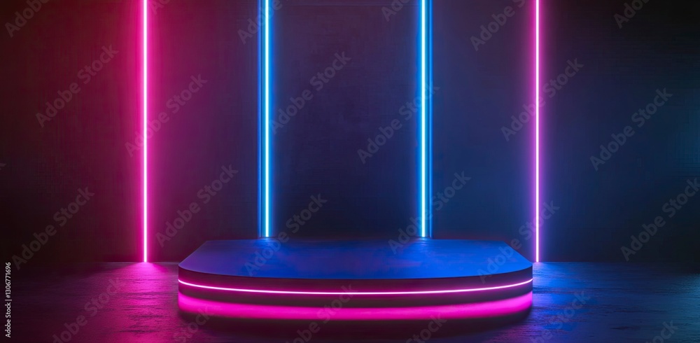 Poster 3d rendering of a geometric background podium with blue and pink neon lights, providing an empty spa