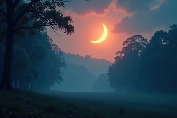 Fototapeta premium Low hanging crescent moon over a misty forest, peaceful, mystical