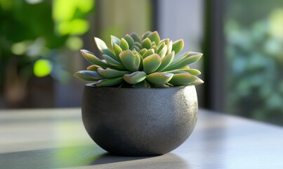 Minimalist potted succulent in a simple gray ceramic container, placed on a clean surface with soft natural light, exuding simplicity and modern design