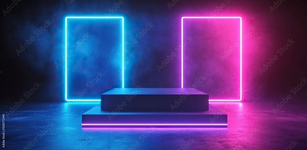 Poster 3d rendering of a geometric background podium with blue and pink neon lights, providing an empty spa