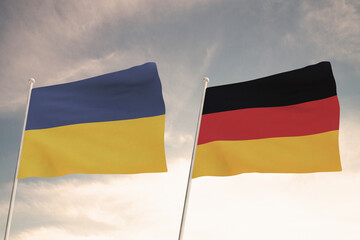 Flags of Ukraine and GERMANY waving with cloudy blue sky background, relations between countries.3D rendering.