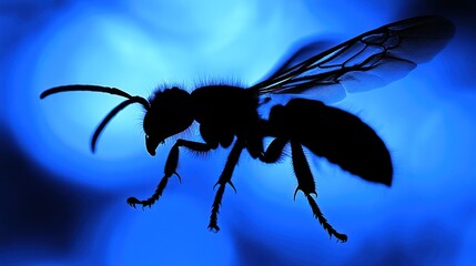 Obraz premium Silhouette of flying bee in vibrant blue light