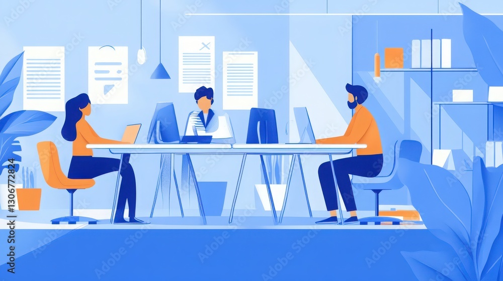 Poster collaborative workspace: professionals engaged in dynamic teamwork and innovation