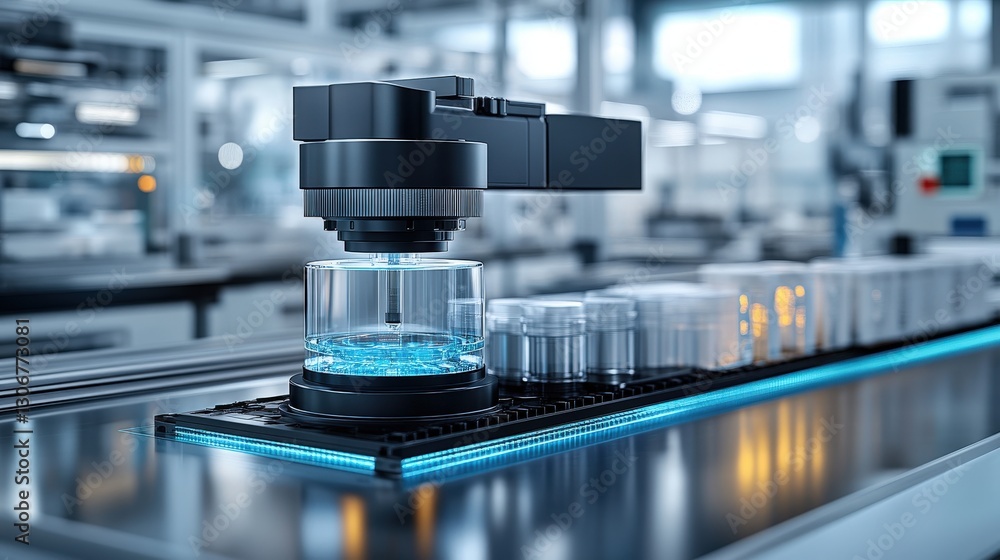 Poster high-tech automated manufacturing process showcasing robotic precision in a clean, modern factory se