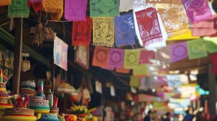 Colorful Cinco de Mayo market with papel picado flags, crafts, and fruits. Ideal for cultural festivals, Mexican heritage, travel ads, and festive decorations.