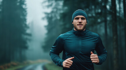 man running in forest during foggy weather, wearing blue jacket and hat. His focused expression shows determination and energy.