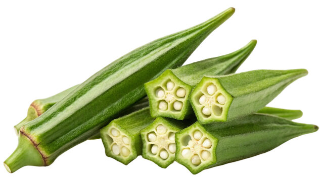 Fresh raw okra green beans stacked in an irregular arrangement isolated on white background. Suitable for marketing or business purposes. PNG file