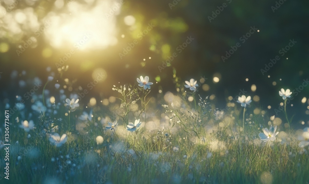 Poster soft and delicate wildflowers in the field with a dreamy bokeh effect in the background, symbolizing