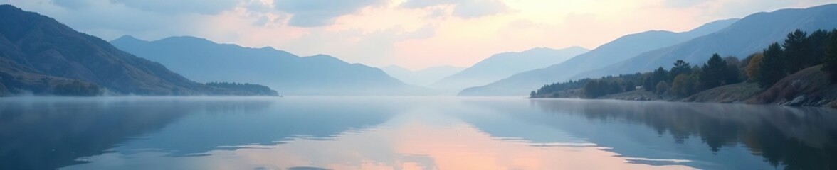 Fototapeta premium Misty morning atmosphere over Baikal lake and surrounding mountains, lake, mist, serene