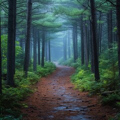 Fototapeta premium Pine Forest Pathway Walking Through a Serene Green Wonderland
