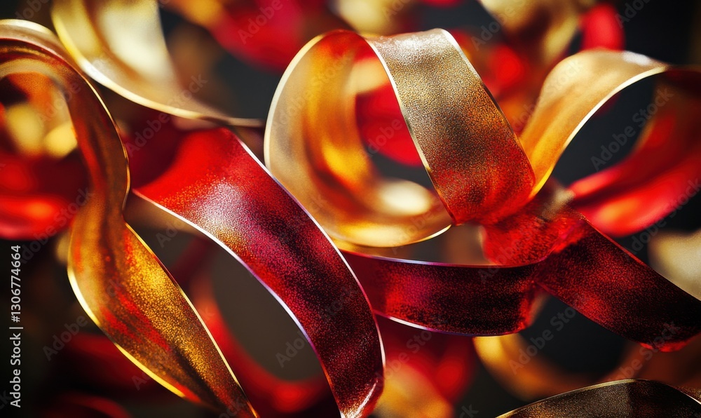 Poster swirling red and gold abstract ribbons illuminated by gradient lighting creating a luxurious and dyn