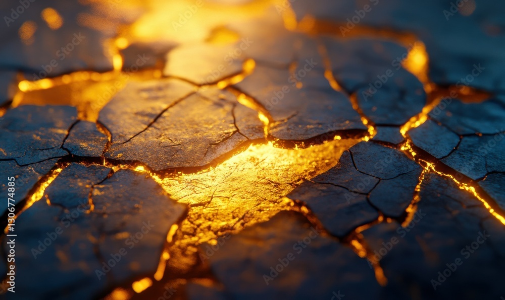 Aufkleber textured abstract composition of cracked golden clay illuminated by warm light, creating a rustic an