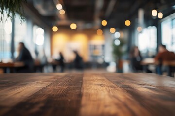 Wood Tabletop in Cafe Restaurant Setting with Blurred People Background