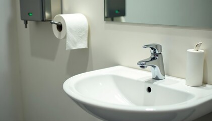 White porcelain sink with paper towel holder and soap bars, cleanliness, paper towels, public restroom