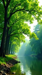 Obraz premium Tall trees with green leaves along the riverbank, greenery, landscape, branches