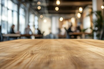 Wooden Table Top in Blurred Office with People Meeting Background