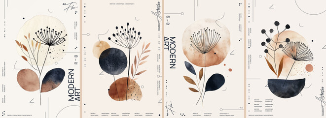 Set of four abstract watercolor illustrations with various shapes, flowers and geometric elements in boho beige tones on a white background for poster design, wall art or cover print.