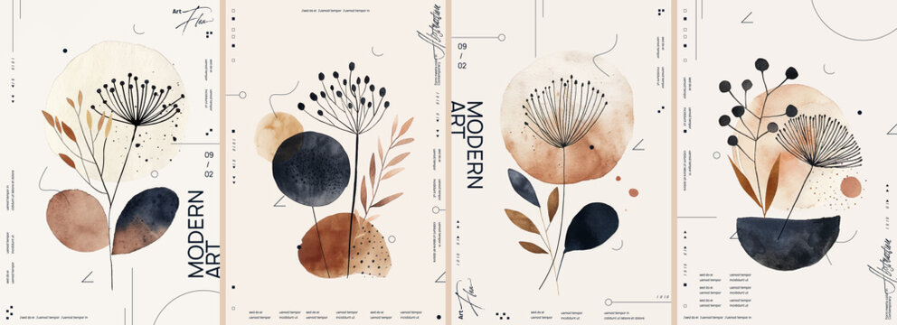 Set of four abstract watercolor illustrations with various shapes, flowers and geometric elements in boho beige tones on a white background for poster design, wall art or cover print.