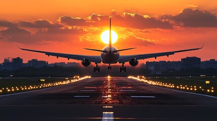 airplane silhouette landing at airport in warm sunset sky with visible horizon and cloud layers showing evening arrival scene in aviation and travel