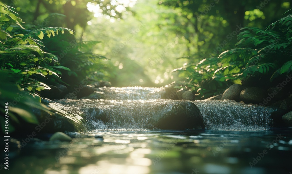 Poster tranquil forest stream with crystal-clear water flowing over smooth rocks, surrounded by lush greene