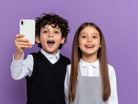 children taking selfie on purple background