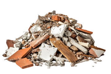 Pile of construction debris with bricks, wood, and concrete fragments