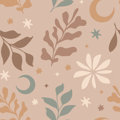 Seamless pattern with floral motif. Spirituality mood. Moon, stars, flowers and leaves.