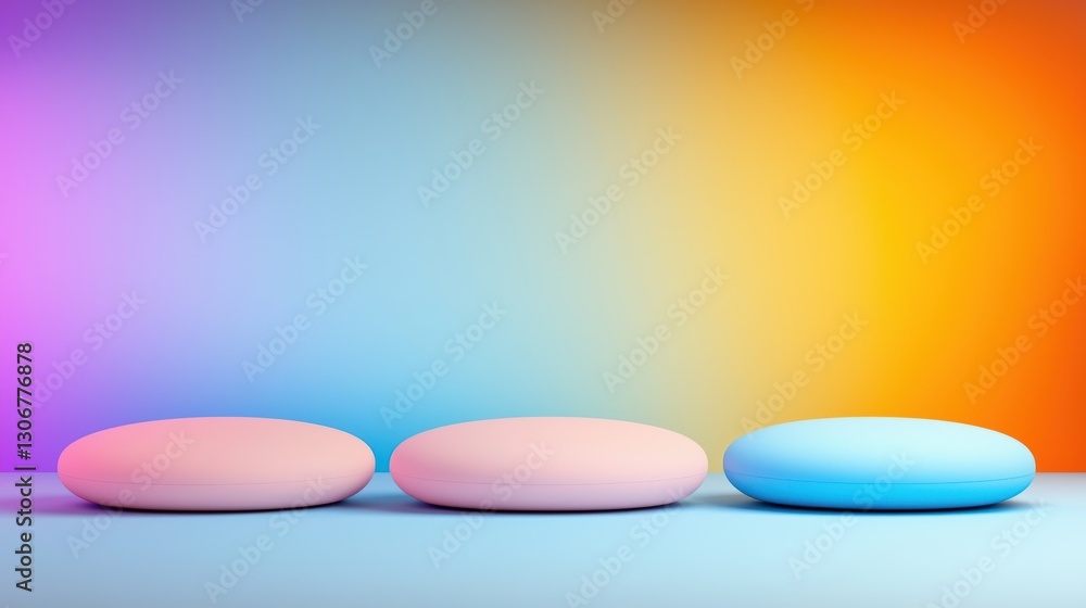 Poster vibrant, colorful background with three smooth, rounded objects in pastel hues, creating a calming a