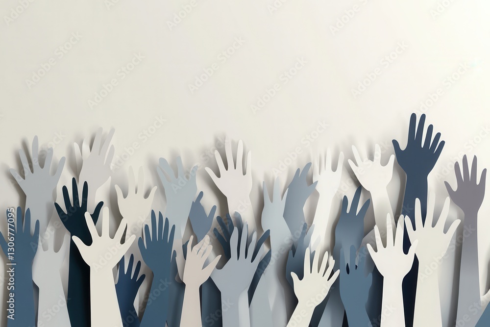 Aufkleber silhouettes of people raising hands in unity against a minimalistic paper art background in soft gra