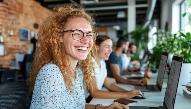 Boost your business with authentic images of office workers laughing and collaborating on a shared project Explore our collection showcasing teamwork, creativity, and happy professionals