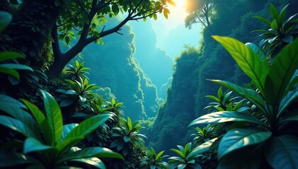 Tropical rainforest foliage with blue and gold accents, tropical trees, rainforest
