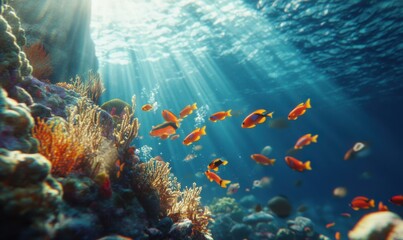Fototapeta premium Vibrant coral reef teeming with tropical fish and illuminated by sunlight filtering through crystal-clear blue water