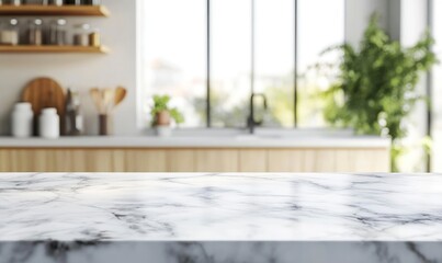 Marble Countertop in Modern Kitchen with Window and Plant Decor
