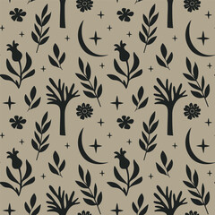Seamless pattern with floral motif. Spirituality mood. Moon, stars, flowers and leaves.