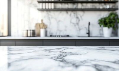 Marble Kitchen Countertop with Blurred Background for Product Mockup