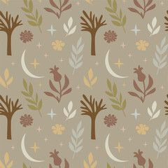 Seamless pattern with floral motif. Spirituality mood. Moon, stars, flowers and leaves.