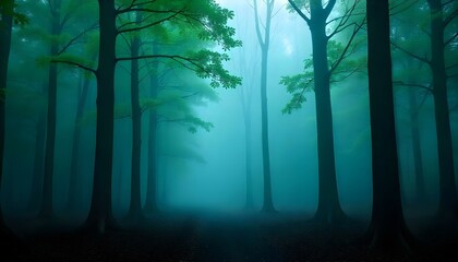Obraz premium A panoramic shot captures a dense forest shrouded in a thick mist, creating an ethereal and somewhat mysterious atmosphere