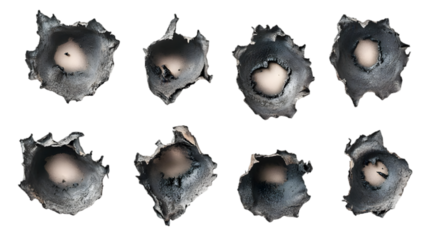 Close-up of eight bullet holes on isolated black background