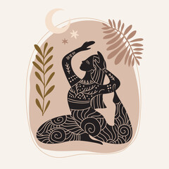 Vector illustration for International Yoga Day. Feminine figure in a flat style. Woman doing asana, surrounded by organic shapes. 