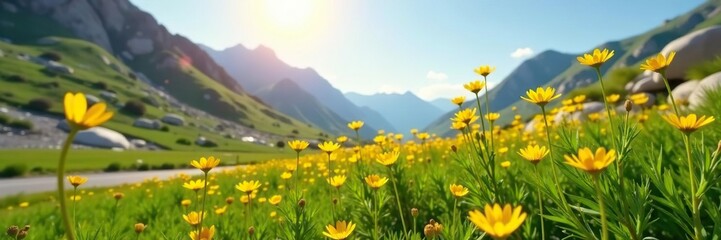 Fototapeta premium Tall stalks of bright yellow flowers sway gently in the breeze amidst rocky terrain, meadow, tall stems
