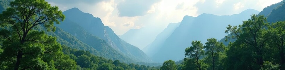 Naklejka premium Treetops swaying in wind amidst towering mountains, atmospheric conditions, leaves, scenery