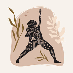 Vector illustration for International Yoga Day. Feminine figure in a flat style. Woman doing asana, surrounded by organic shapes. 