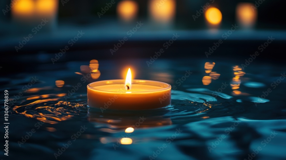 Poster serene floating candle on water surface with reflections creating calm atmosphere for relaxation and