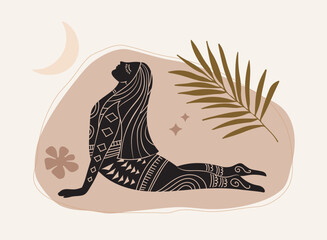 Vector illustration for International Yoga Day. Feminine figure in a flat style. Woman doing asana, surrounded by organic shapes. 